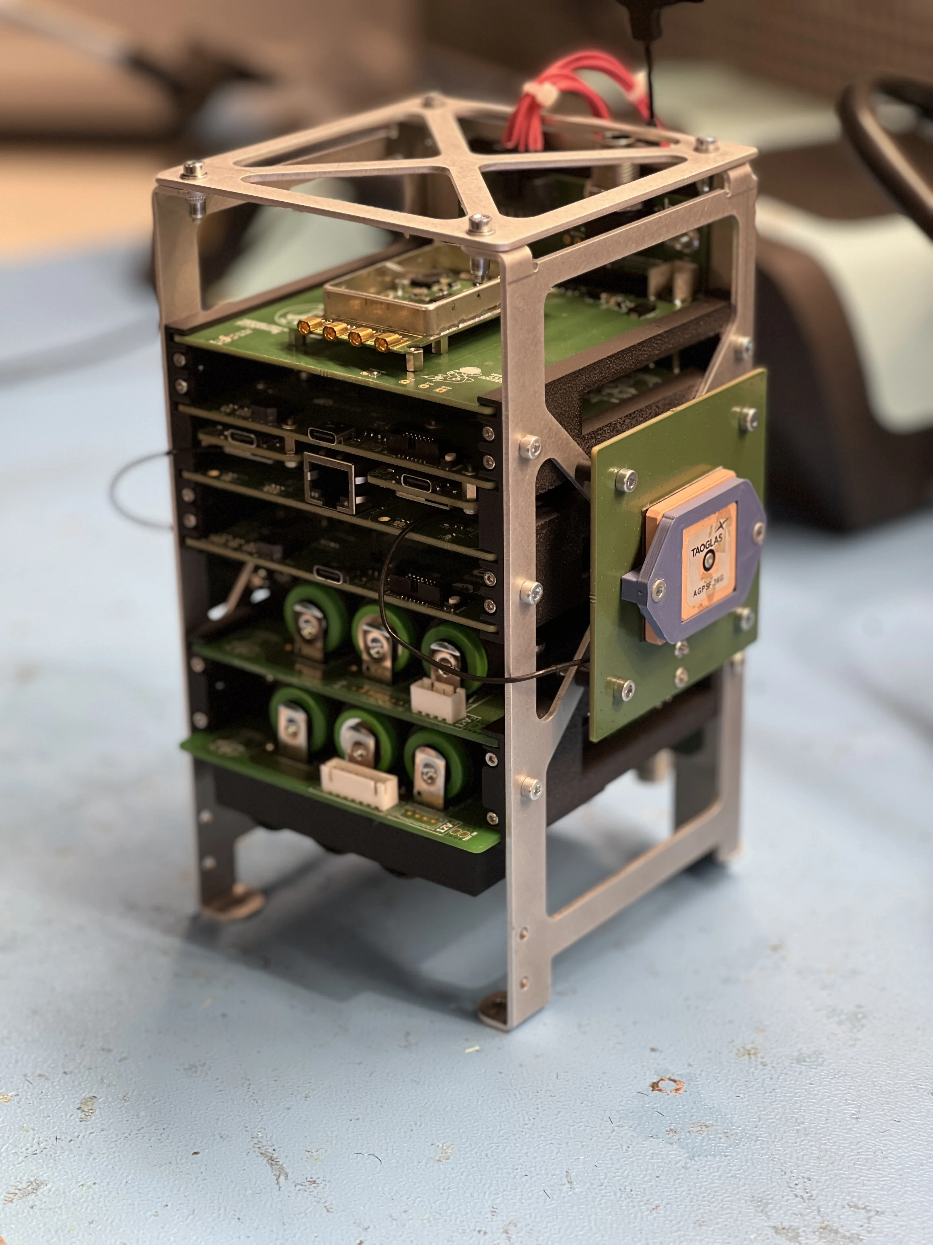 HERMES aluminium AV stack with Taoglas patch antenna and stacked boards
