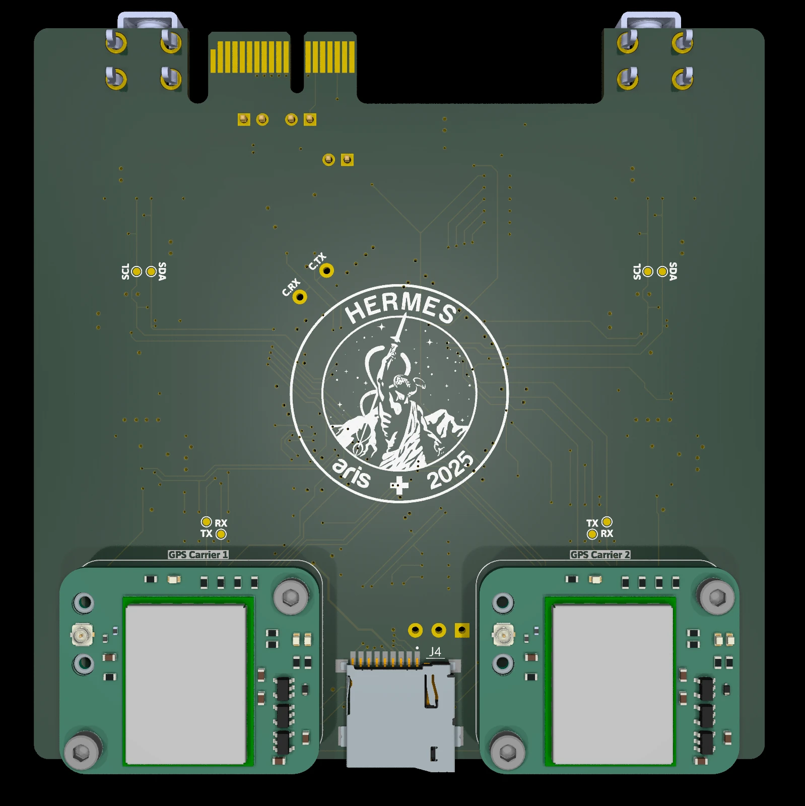 Sensor carrier V2 back: HERMES 2025 silkscreen, microSD slot, and the two GPS carrier daughterboards