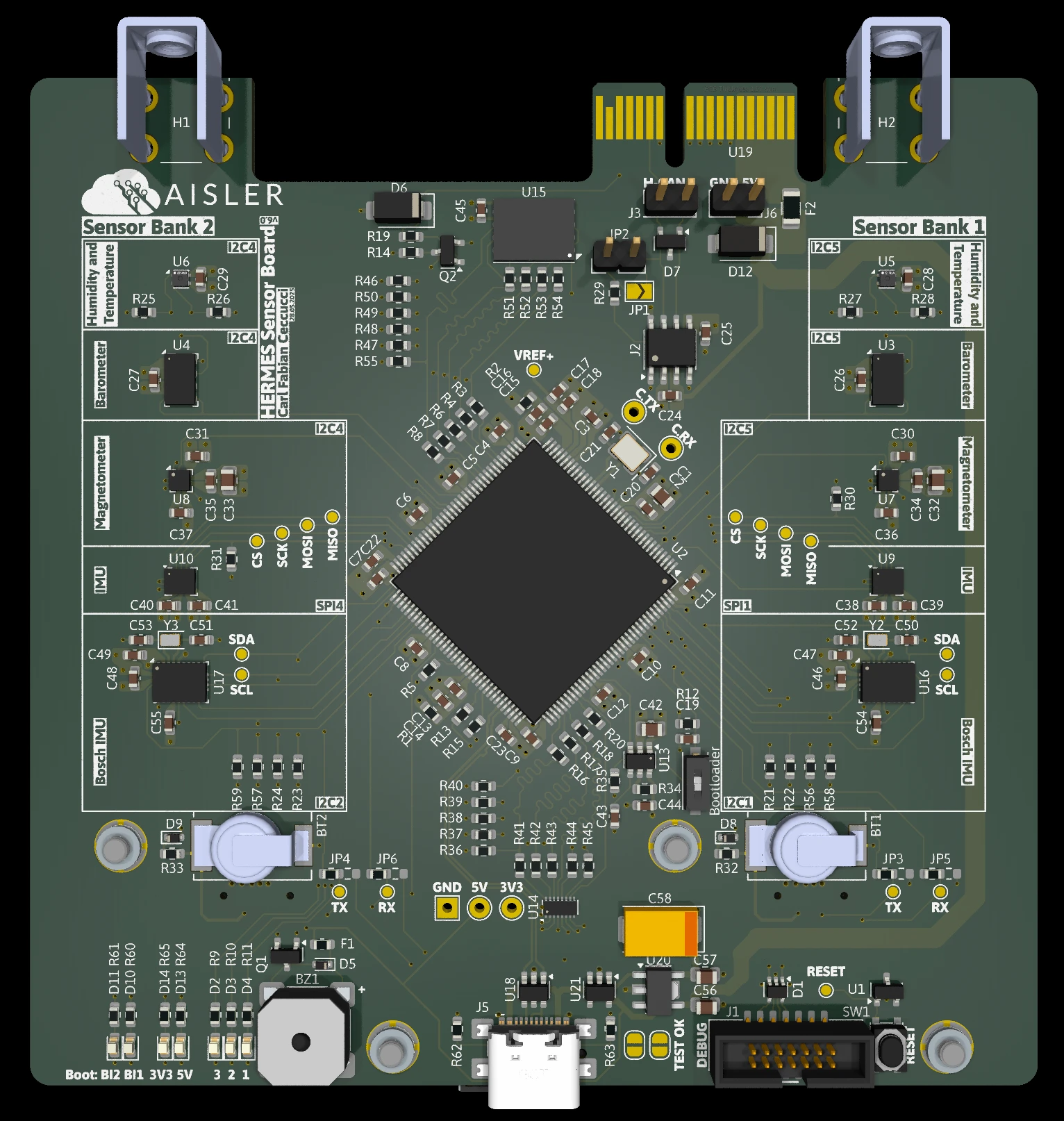 Sensor carrier V2 front: two sensor banks flanking the STM32, each with barometer, magnetometer, IMU, and Bosch IMU pads